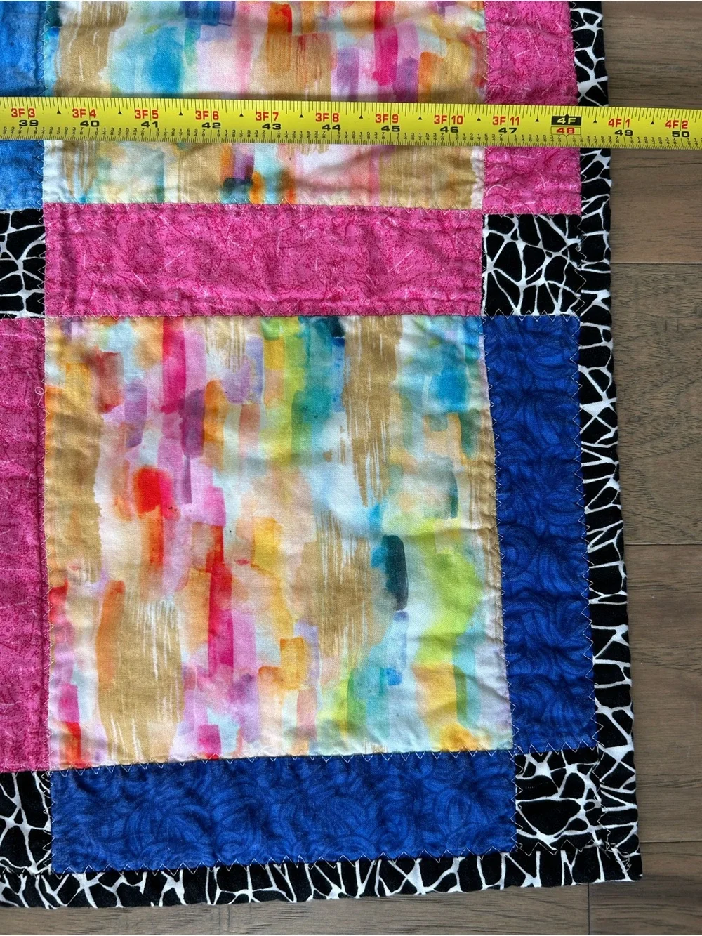 Handmade Colorful Patchwork Quilt with Watercolor Squares and Tie Dye Backside